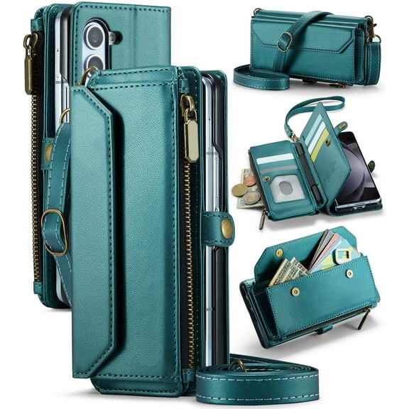 Asuwish Compatible with Samsung Galaxy Z Fold 6 5G 2024 Zipper Wallet Phone Case With pen slot Crossbody Lanyard Strap Flip Card Holder Slot Cell Cover for ZFold6 Z6 G Fold6 6Z Women Girls Green