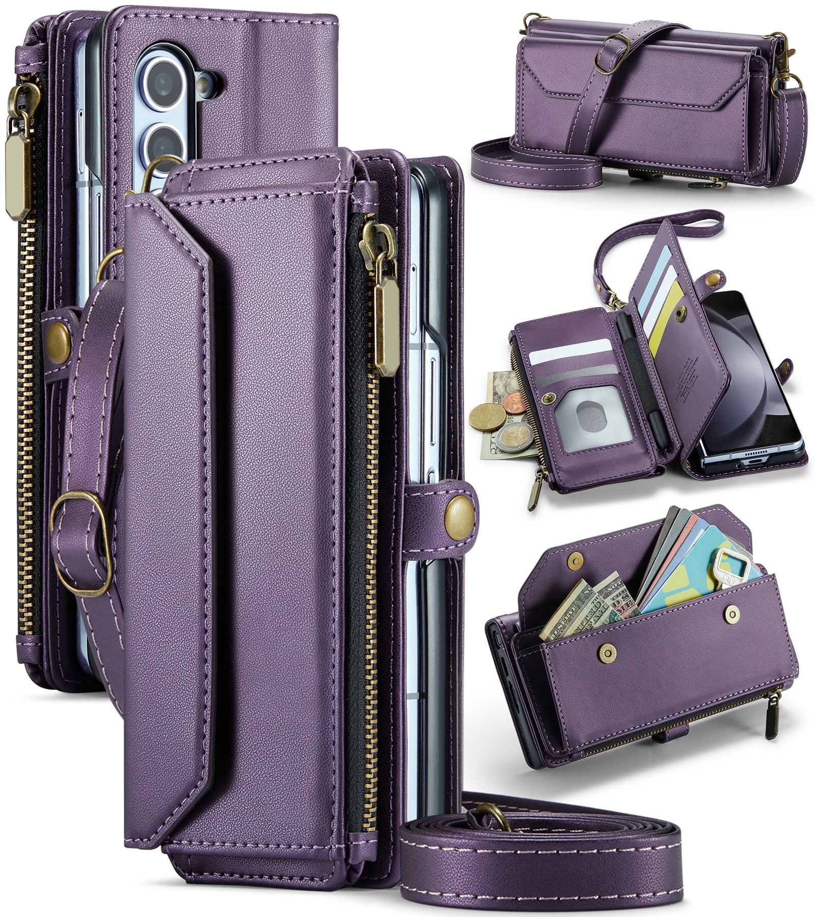 Asuwish Compatible with Samsung Galaxy Z Fold 6 5G 2024 Zipper Wallet Phone Case With pen slot Crossbody Lanyard Strap Flip Card Holder Slot Cell Cover for ZFold6 Z6 G Fold6 6Z Women Girls Purple