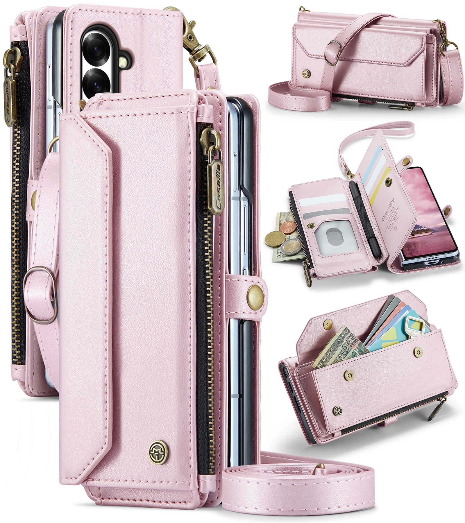 Asuwish Compatible with Samsung Galaxy Z Fold 7 5G 2025 Zipper Wallet Phone Case With pen slot Crossbody Lanyard Strap Flip Card Holder Slot Cell Cover for ZFold7 Z7 G Fold7 7Z Women Girls Rose Gold