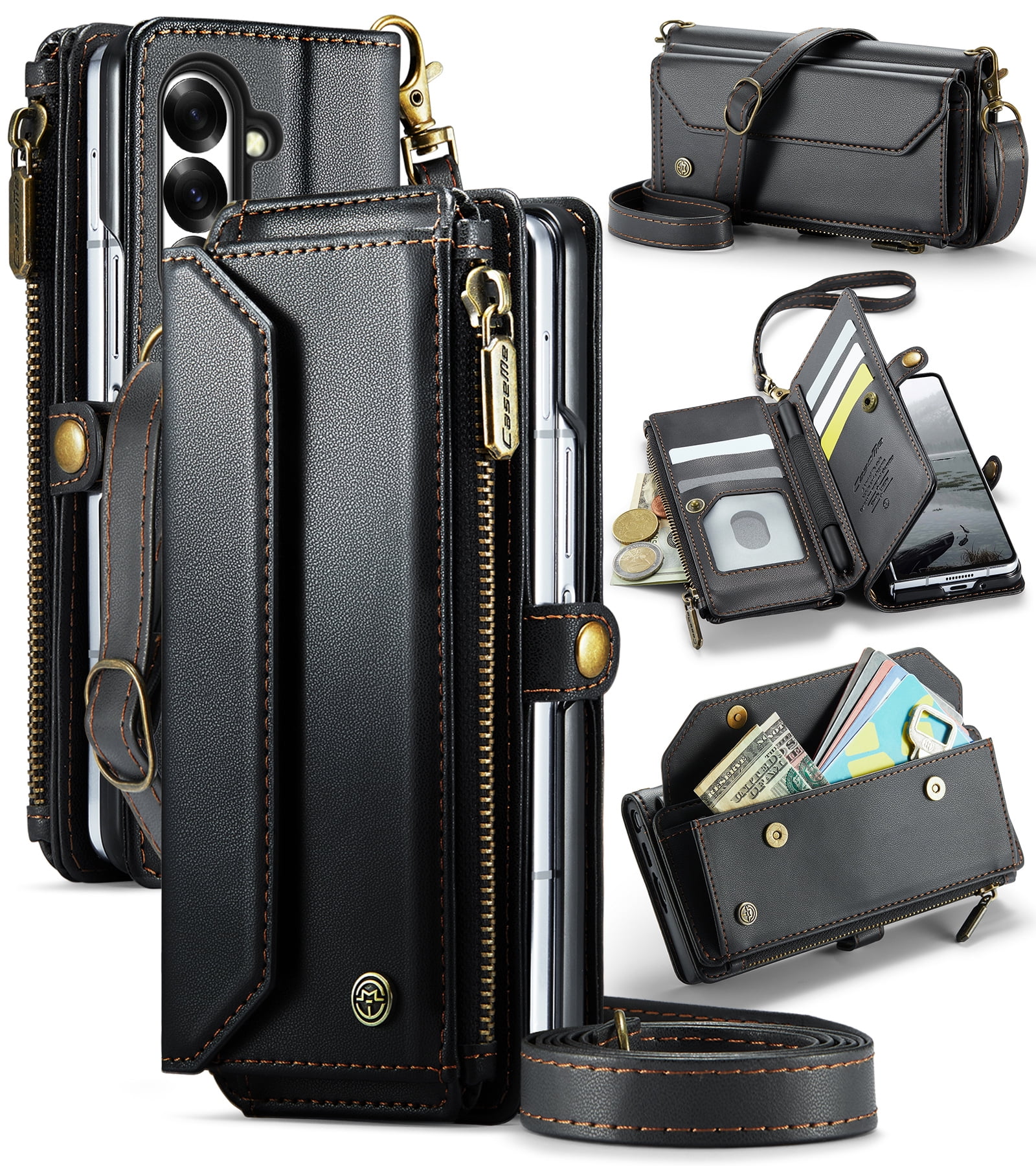Asuwish Compatible with Samsung Galaxy Z Fold 7 5G 2025 Zipper Wallet Phone Case With pen slot Crossbody Lanyard Strap Flip Card Holder Slot Cell Cover for ZFold7 Z7 G Fold7 7Z Women Girls Black