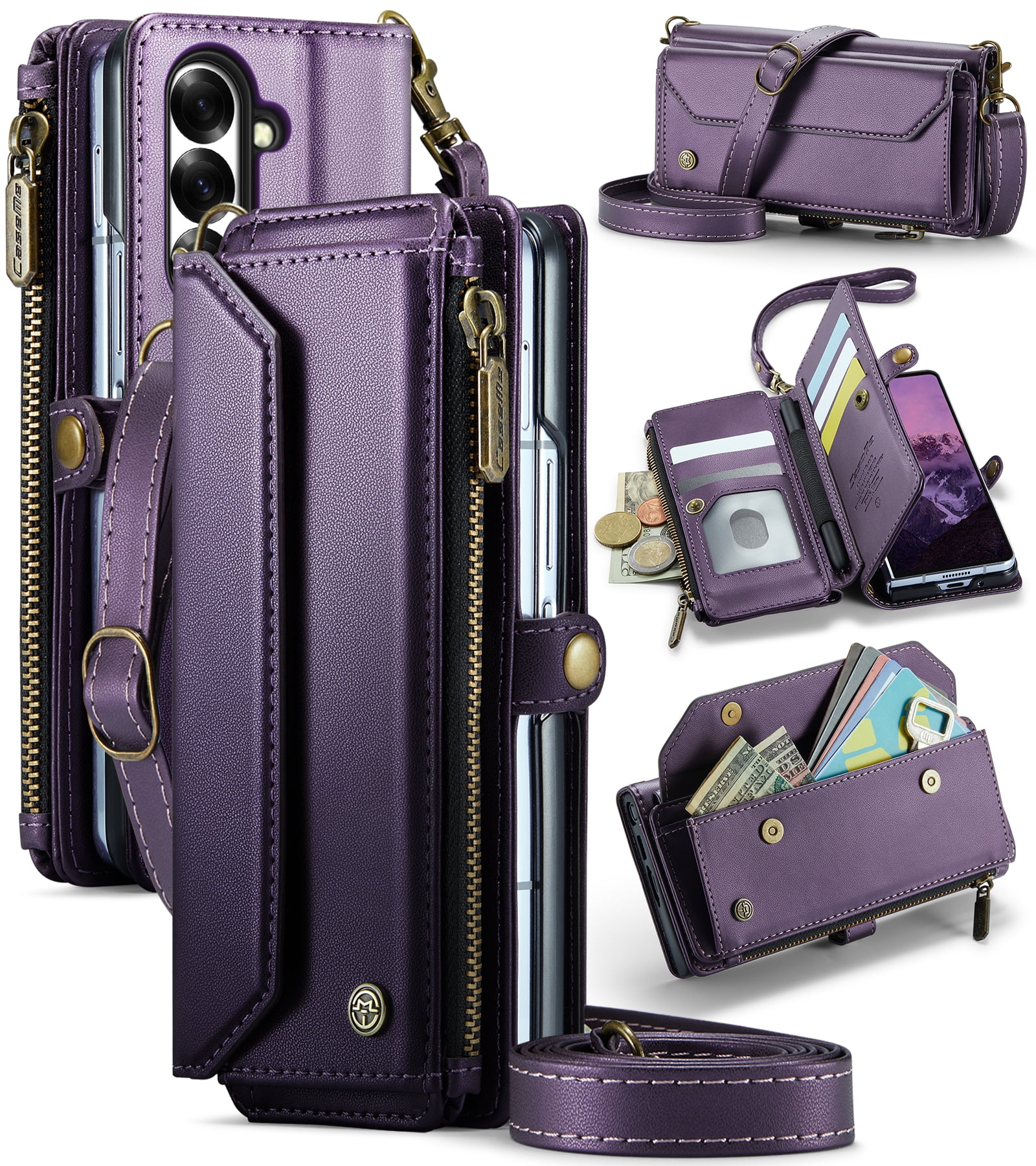 Asuwish Compatible with Samsung Galaxy Z Fold 7 5G 2025 Zipper Wallet Phone Case With pen slot Crossbody Lanyard Strap Flip Card Holder Slot Cell Cover for ZFold7 Z7 G Fold7 7Z Women Girls Purple