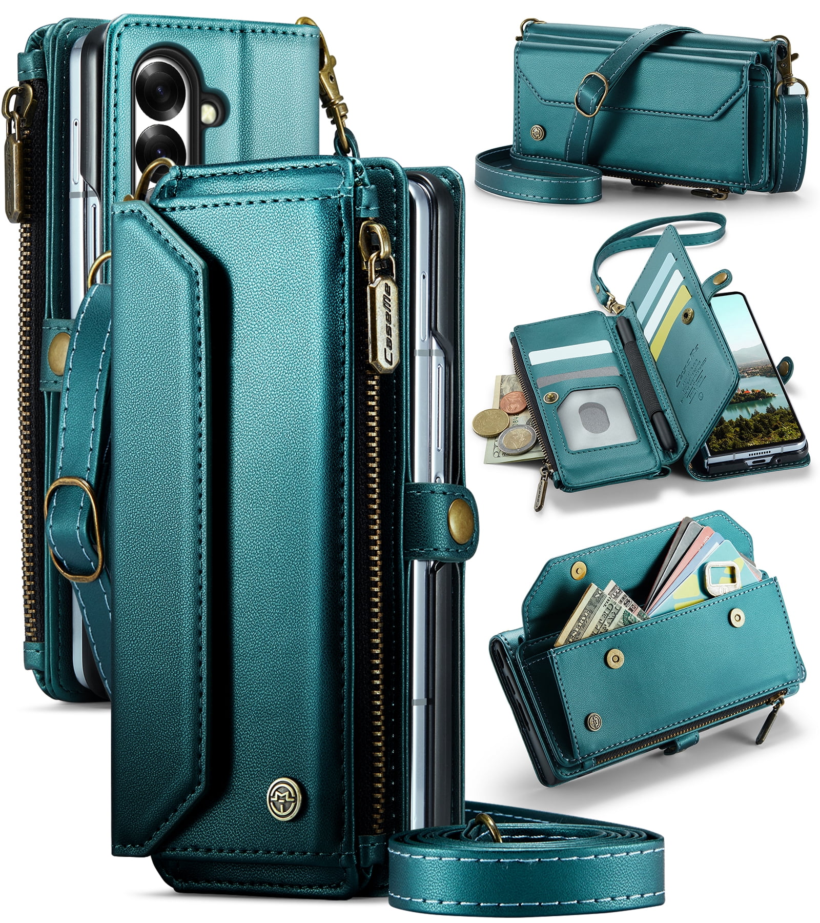 Asuwish Compatible with Samsung Galaxy Z Fold 7 5G 2025 Zipper Wallet Phone Case With pen slot Crossbody Lanyard Strap Flip Card Holder Slot Cell Cover for ZFold7 Z7 G Fold7 7Z Women Girls Green