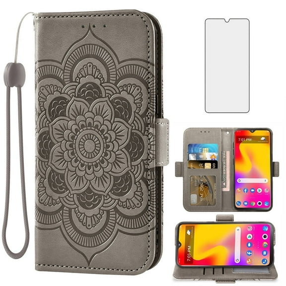 Asuwish Compatible with TCL 30 XL T701DL Wallet Phone Case and Tempered Glass Screen Protector Flip Credit Card Holder Stand Mandala Flower Cell Cover for 30XL 2022 4G 5G T671G Women Men Gray