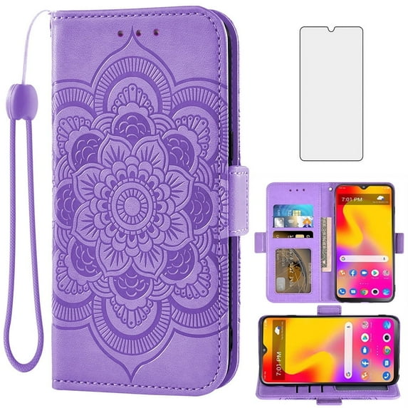 Asuwish Compatible with TCL 30 XL T701DL Wallet Phone Case and Tempered Glass Screen Protector Flip Credit Card Holder Stand Mandala Flower Cell Cover for 30XL 2022 4G 5G T671G Women Men Purple