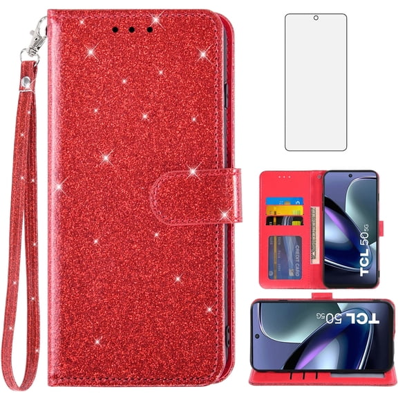 Asuwish Compatible with TCL 50 5G/TCL 50 XE NXTPAPER 5G/TCL 50 XE 5G Wallet Phone Case and Tempered Glass Screen Protector Flip Credit Card Holder Stand Bling Glitter Cell Cover for Women Men Red
