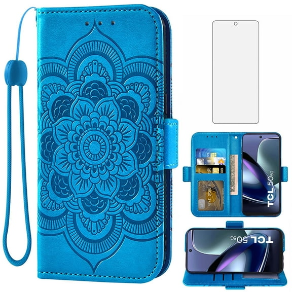 Asuwish Compatible with TCL 50 5G/TCL 50 XE NXTPAPER 5G/TCL 50 XE 5G Wallet Phone Case and Tempered Glass Screen Protector Flip Credit Card Holder Stand Mandala Flower Cell Cover for Women Men Blue