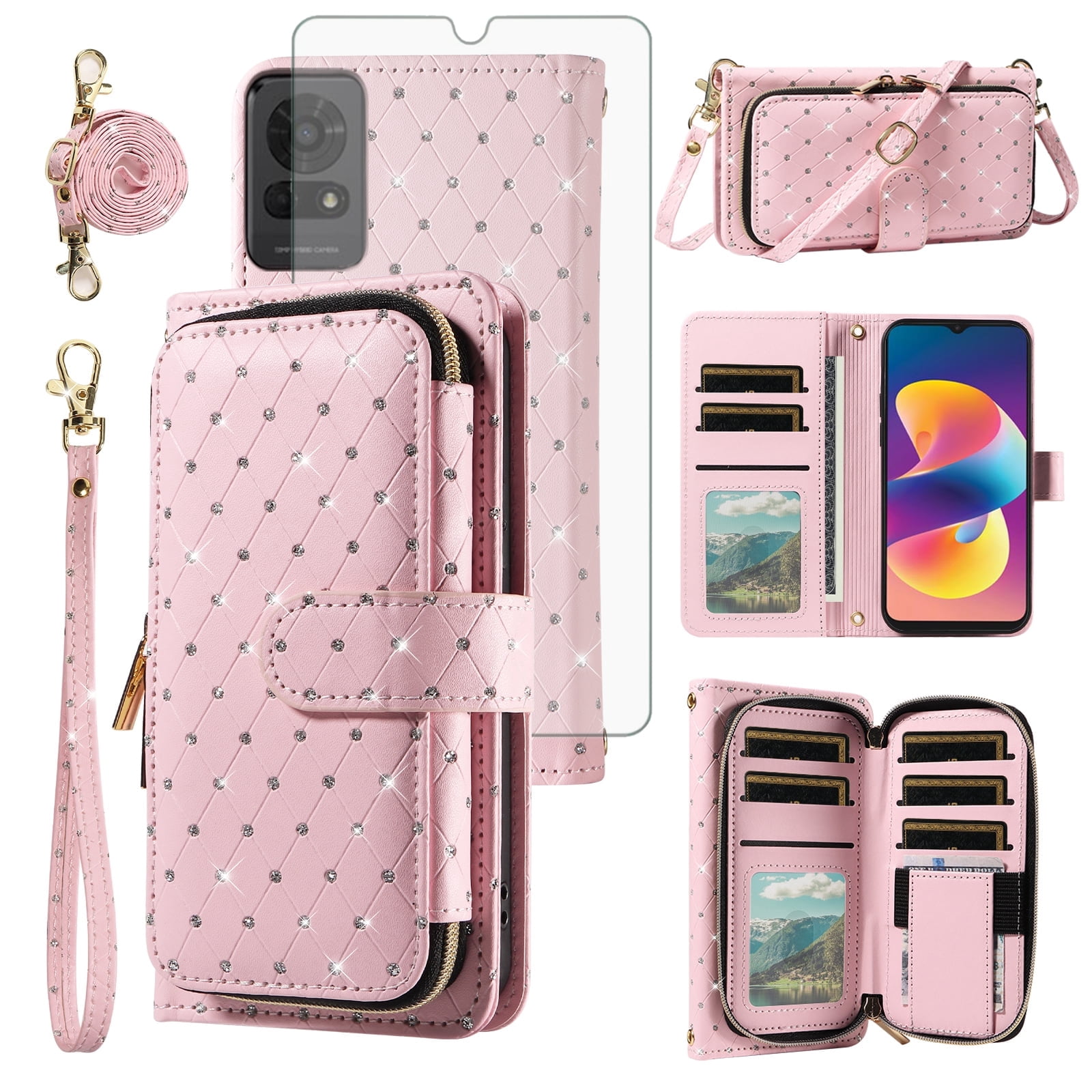 Asuwish Compatible with TCL 50 Le 5G Wallet Phone Case Tempered Glass Screen Protector Bling Glitter Crossbody Lanyard Strap Flip Zipper Purse Card Holder Cell Cover for Tcl 50Le Women Men Pink
