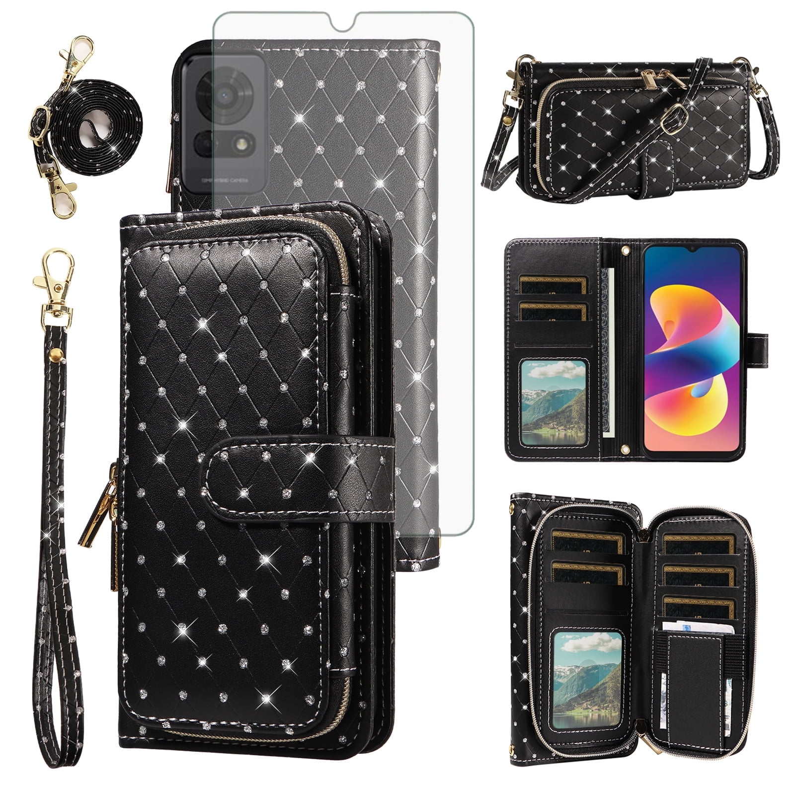 Asuwish Compatible with TCL 50 Le 5G Wallet Phone Case Tempered Glass Screen Protector Bling Glitter Crossbody Lanyard Strap Flip Zipper Purse Card Holder Cell Cover for Tcl 50Le Women Men Black