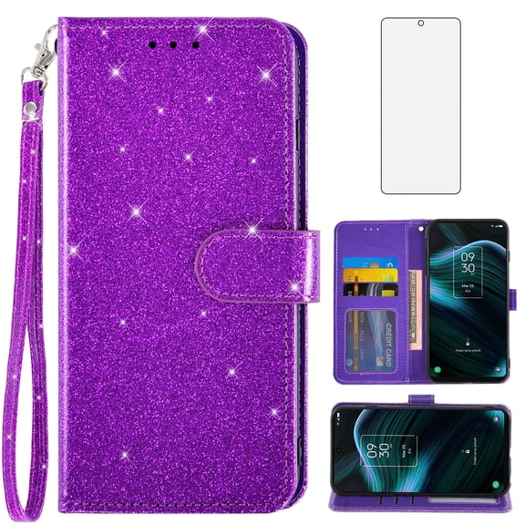Asuwish Compatible with TCL Stylus 5G 2022 Wallet Phone Case and Tempered Glass Screen Protector Flip Credit Card Holder Stand Bling Glitter Cell Cover for TLC Stylo G5 6.81 T779W Women Purple