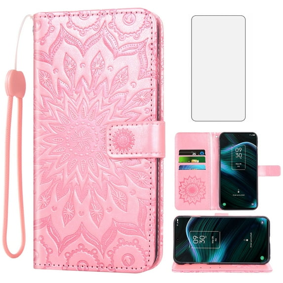 Asuwish Compatible with TCL Stylus 5G 2022 Wallet Phone Case and Tempered Glass Screen Protector Flip Credit Card Holder Stand Mandala Flower Cell Cover for TLC Stylo G5 6.81 T779W Women Men Pink