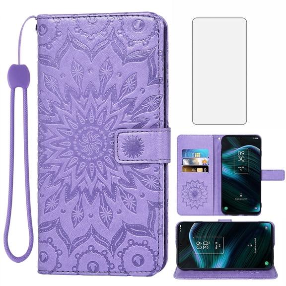 Asuwish Compatible with TCL Stylus 5G 2022 Wallet Phone Case and Tempered Glass Screen Protector Flip Credit Card Holder Stand Mandala Flower Cell Cover for TLC Stylo G5 6.81 T779W Women Men Purple