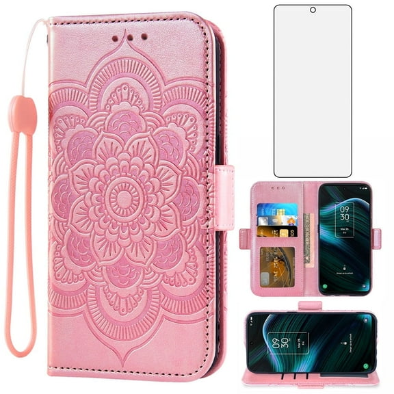 Asuwish Compatible with TCL Stylus 5G 2022 Wallet Phone Case and Tempered Glass Screen Protector Flip Credit Card Holder Stand Mandala Flower Cell Cover for TLC Stylo G5 6.81 T779W Women Men Pink