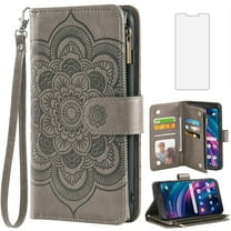 Compatible with Tracfone BLU View 3 B140DL Wallet Phone Case and Tempered Glass Screen Protector Flower Faux Leather Flip Credit Card Holder Stand Zipper Cell Cover for BLUE View3 140DL Women Grey