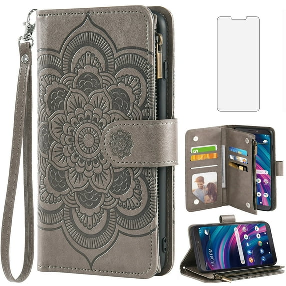 Compatible with Tracfone BLU View 3 B140DL Wallet Phone Case and Tempered Glass Screen Protector Flower Faux Leather Flip Credit Card Holder Stand Zipper Cell Cover for BLUE View3 140DL Women Grey