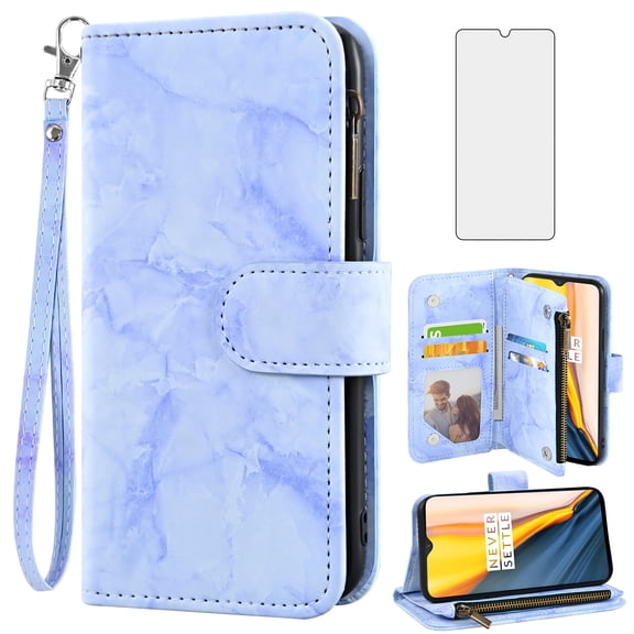 Asuwish Compatible with Tracfone BLU View 4 B135DL Wallet Phone Case and Tempered Glass Screen Protector Marble Faux Leather Flip Credit Card Holder Cell Cover for BLUE View 2 2023 View4 135DL Blue