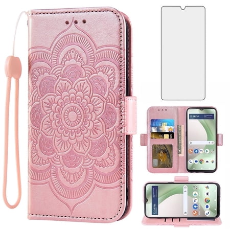 Asuwish Compatible with Tracfone BLU View 5 Wallet Phone Case and Tempered Glass Screen Protector Flip Credit Card Holder Stand Mandala Flower Cell Cover for Women Men Accessories Faux Leather Pink