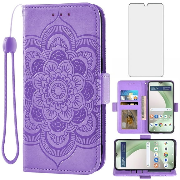Asuwish Compatible with Tracfone BLU View 5 Wallet Phone Case and Tempered Glass Screen Protector Flip Credit Card Holder Stand Mandala Flower Cell Cover for Women Men Accessories Faux Leather Purple