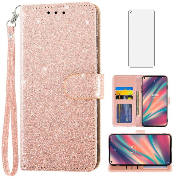Asuwish Compatible with Wiko View 5 Wallet Phone Case and Tempered Glass Screen Protector Flip Credit Card Holder Stand Bling Glitter Cell Cover for WikoE View5 Women Men Pink