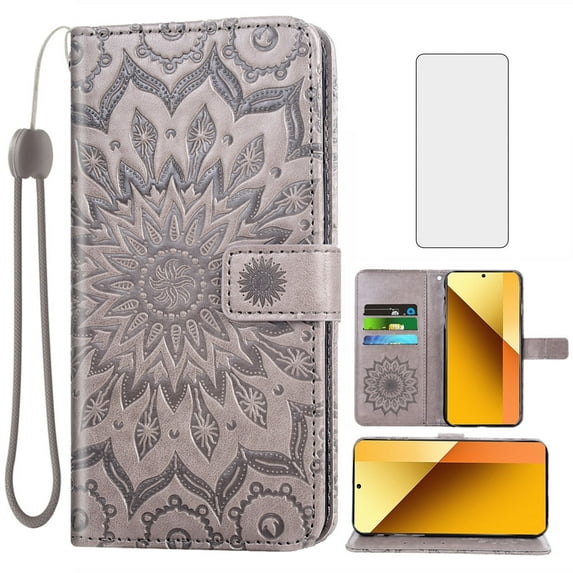 Asuwish Compatible with Xiaomi Redmi Note 13 5G Wallet Phone Case and Tempered Glass Screen Protector Flip Credit Card Holder Stand Mandala Flower Cell Cover for Note13 135G Women Men Gray