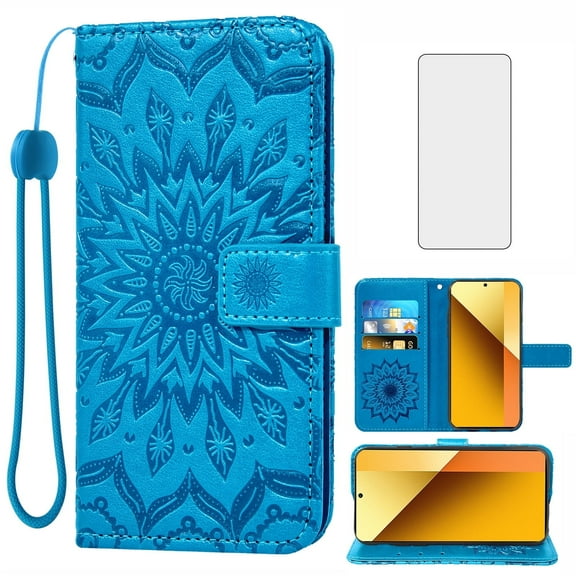 Asuwish Compatible with Xiaomi Redmi Note 13 5G Wallet Phone Case and Tempered Glass Screen Protector Flip Credit Card Holder Stand Mandala Flower Cell Cover for Note13 135G Women Men Blue