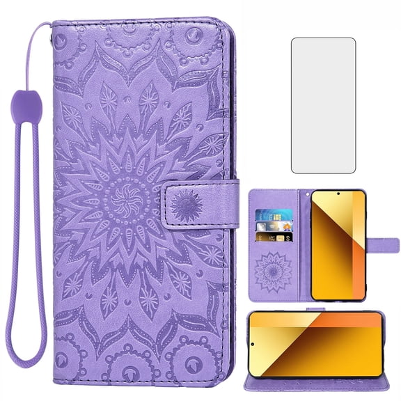 Asuwish Compatible with Xiaomi Redmi Note 13 5G Wallet Phone Case and Tempered Glass Screen Protector Flip Credit Card Holder Stand Mandala Flower Cell Cover for Note13 135G Women Men Purple