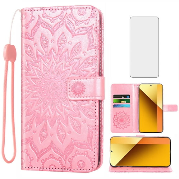 Asuwish Compatible with Xiaomi Redmi Note 13 5G Wallet Phone Case and Tempered Glass Screen Protector Flip Credit Card Holder Stand Mandala Flower Cell Cover for Note13 135G Women Men Pink