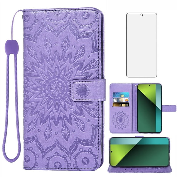 Asuwish Compatible with Xiaomi Redmi Note 13 Pro 5G/Poco X6 Wallet Phone Case and Tempered Glass Screen Protector Flip Credit Card Holder Stand Mandala Flower Cell Cover for 13Pro 6X Women Men Purple