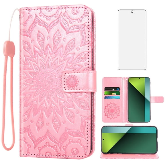 Asuwish Compatible with Xiaomi Redmi Note 13 Pro 5G/Poco X6 Wallet Phone Case and Tempered Glass Screen Protector Flip Credit Card Holder Stand Mandala Flower Cell Cover for 13Pro 6X Women Men Pink