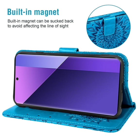 Asuwish Compatible with Xiaomi Redmi Note 13 Pro Plus 5G Wallet Phone Case and Tempered Glass Screen Protector Flip Credit Card Holder Stand Mandala Flower Cell Cover for Note13Pro+ Women Men Blue