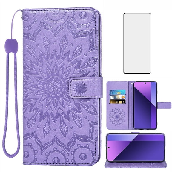 Asuwish Compatible with Xiaomi Redmi Note 13 Pro Plus 5G Wallet Phone Case and Tempered Glass Screen Protector Flip Credit Card Holder Stand Mandala Flower Cell Cover for Note13Pro+ Women Men Purple