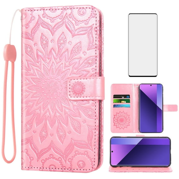 Asuwish Compatible with Xiaomi Redmi Note 13 Pro Plus 5G Wallet Phone Case and Tempered Glass Screen Protector Flip Credit Card Holder Stand Mandala Flower Cell Cover for Note13Pro  Women Men Pink
