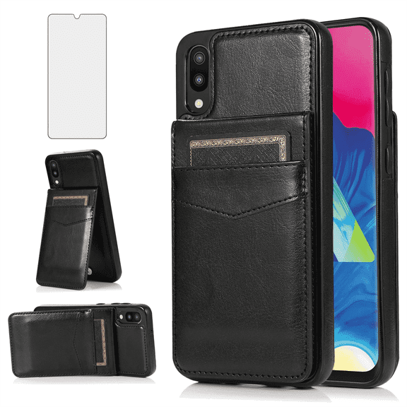 Asuwish Screen Protector Included PU Leather Soft Shell Wallet Cell Phone Case with Screen Protector for Samsung Galaxy A10, Black