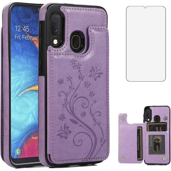 Asuwish Compatible with Samsung Galaxy A10e Wallet Phone Case Tempered Glass Screen Protector and Flower PU Leather Credit Card Holder Stand Slot Cell Cover for A 10e 10ae S102DL Women Men Purple