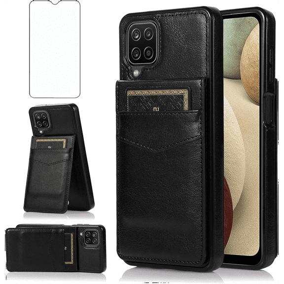 Asuwish Compatible with Samsung Galaxy A12/M12 Wallet Phone Case Tempered Glass Screen Protector and Wrist Strap Ring RFID Card Holder PU Leather Cell Cover for A 12 5G A-12 S12 12A 4G Women Black