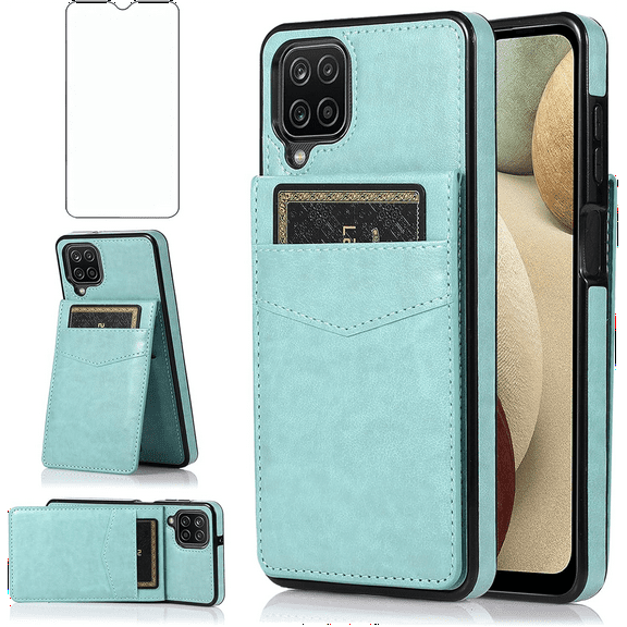 Asuwish Compatible with Samsung Galaxy A12/M12 Wallet Phone Case Tempered Glass Screen Protector and Wrist Strap Ring RFID Card Holder PU Leather Cell Cover for A 12 5G A-12 S12 12A 4G Women Teal