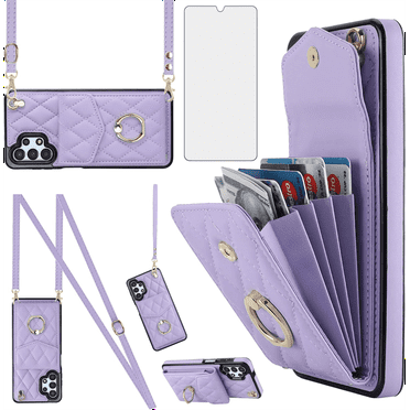 Asuwish Compatible with Samsung Galaxy A13 4G/5G Wallet Phone Case Tempered Glass Screen Protector and Wrist Strap Ring RFID Card Holder Cell Cover for A04s M13 G5 A 13 LTE 13A 2022 Women Purple