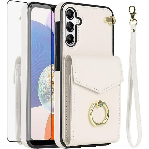 Asuwish Compatible with Samsung Galaxy A14/M14 5G Wallet Phone Case Tempered Glass Screen Protector Ring Stand RFID Credit Card Holder PU Leather Cell Cover for A 14 4G 14A 14M G5 Women Girls White