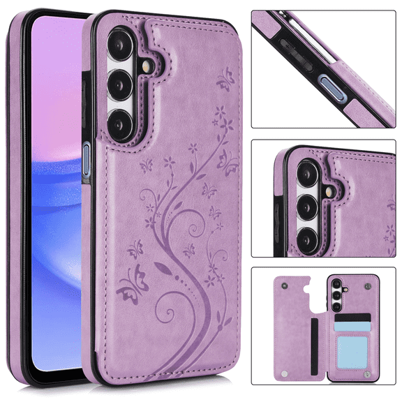 Asuwish Compatible with Samsung Galaxy A15 5G/4G Wallet Phone Case Tempered Glass Screen Protector and Flower PU Leather Credit Card Holder Stand Slot Mobile Cell Cover for A 15 G5 15A Women Men Blue