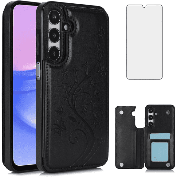 Asuwish Compatible with Samsung Galaxy A16 5G/4G Wallet Phone Case Tempered Glass Screen Protector and Flower PU Leather Credit Card Holder Stand Rugged Accessories Cell Cover for A 16 Women Men Grey