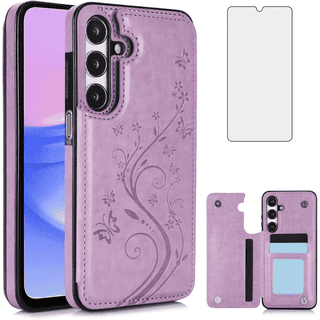 Asuwish Compatible with Samsung Galaxy A16 5G/4G Wallet Phone Case Tempered Glass Screen Protector and Flower PU Leather Credit Card Holder Stand Slot Mobile Flip Cell Cover for A 16 Women Men Purple