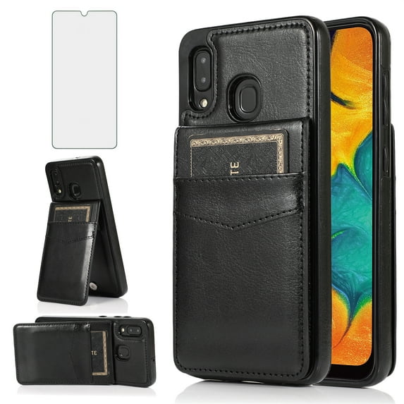 Asuwish Compatible with Samsung Galaxy A20 A30 Wallet Phone Case Tempered Glass Screen Protector and Wrist Strap Ring RFID Card Holder PU Leather Cell Cover for M10s A 30 20A SM A205G Women Black
