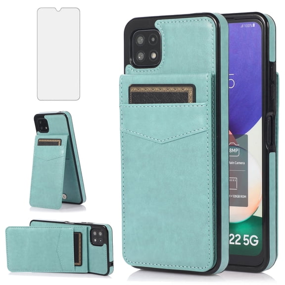 Asuwish Screen Protector Included PU Leather Soft Shell Wallet Cell Phone Case with Screen Protector for Samsung Galaxy A22 5G, Teal