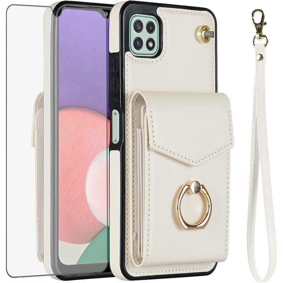 Asuwish Credit Card Slot PU Leather Wallet Cell Phone Case with Ring & RFID Blocking and Tempered Glass Screen Protector for Samsung Galaxy A22 5G / A22s, White