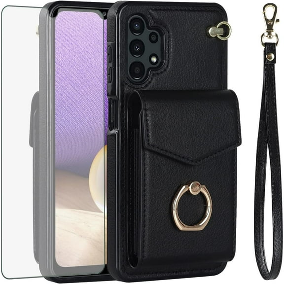Asuwish Compatible with Samsung Galaxy A32 5G 2021 6.5 inch Wallet Phone Case Tempered Glass Screen Protector Ring RFID Card Holder PU Leather Cell Cover for M32 G5 A 32 32A S32 SM-A326U A326U Black
