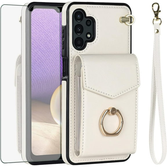 Asuwish Compatible with Samsung Galaxy A32 5G 2021 6.5 inch Wallet Phone Case Tempered Glass Screen Protector Ring RFID Card Holder PU Leather Cell Cover for M32 G5 A 32 32A S32 SM-A326U A326U White