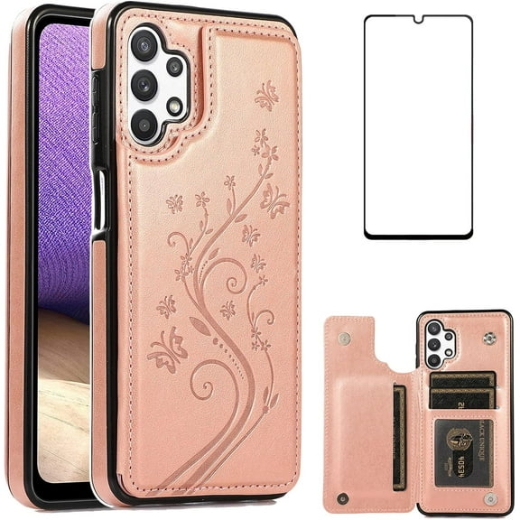 Asuwish Compatible with Samsung Galaxy A32 5G 2021 6.5 inch Wallet Phone Case Tempered Glass Screen Protector and Flower Card Holder Stand Cell Cover for M32 G5 A 32 32A S32 SM-A326U A326U Women Pink
