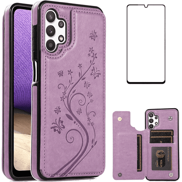 Asuwish Compatible with Samsung Galaxy A32 5G 2021 6.5 inch Wallet Phone Case Tempered Glass Screen Protector and Flower Card Holder Stand Cell Cover for M32 G5 A 32 32A S32 SM-A326U A326U Men Purple