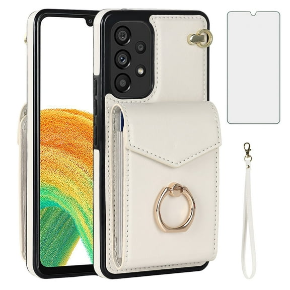 Asuwish Compatible with Samsung Galaxy A33 5G Wallet Phone Case Tempered Glass Screen Protector Ring Stand RFID Credit Card Holder Slot PU Leather Lanyard Cell Cover for A 33 33A Women Girls White