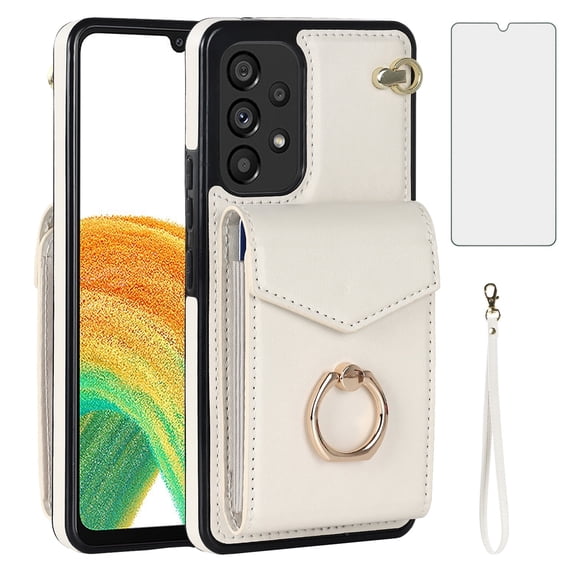 Asuwish Credit Card Slot PU Leather Wallet Cell Phone Case with Ring & RFID Blocking and Tempered Glass Screen Protector for Samsung Galaxy A33 5G, White
