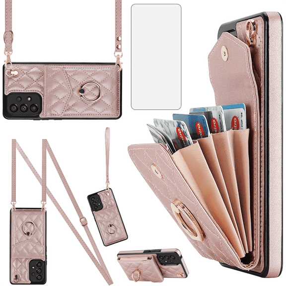 Asuwish Wallet RFID Blocking PU Leather Cell Phone Case with Tempered Glass Screen Protector, Wrist Strap for Samsung Galaxy A33 5G, Rose Gold